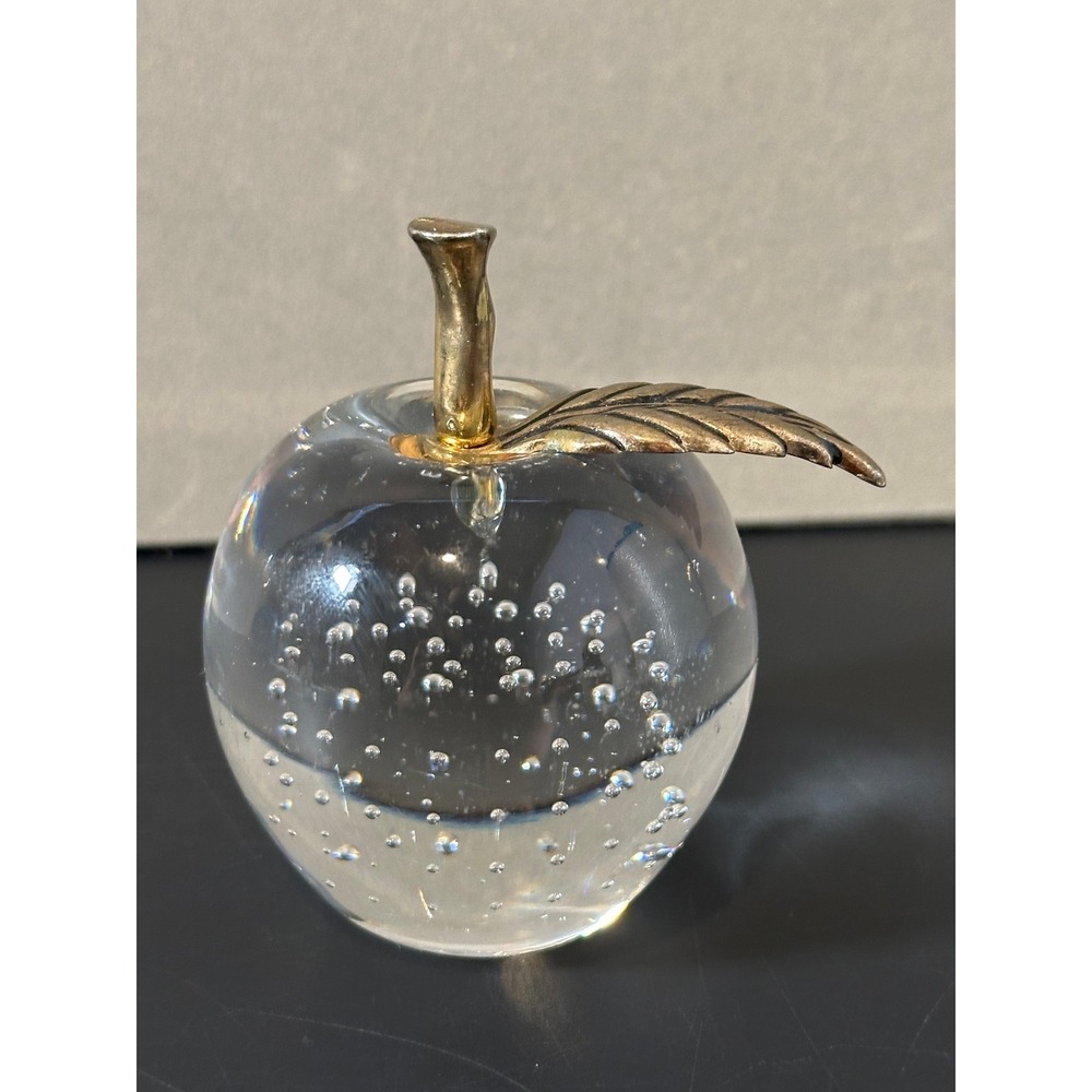 Vintage Controlled Bubble Glass Apple Paperweight Gold‎ Stem Leaf Made in Taiwan